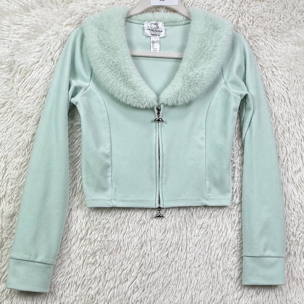 Hello Kitty x Forever 21 Mint Faux Fur Crop Jacket S